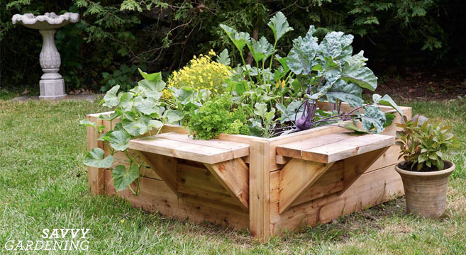 Raised bed designs for gardening: This raised bed with benches is the right height to keep out bunnies and groundhogs—and you can rest on the benches in between puttering in the garden.